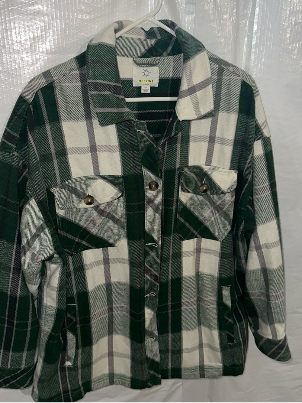 aerie Green White Plaid Button-Up Jacket